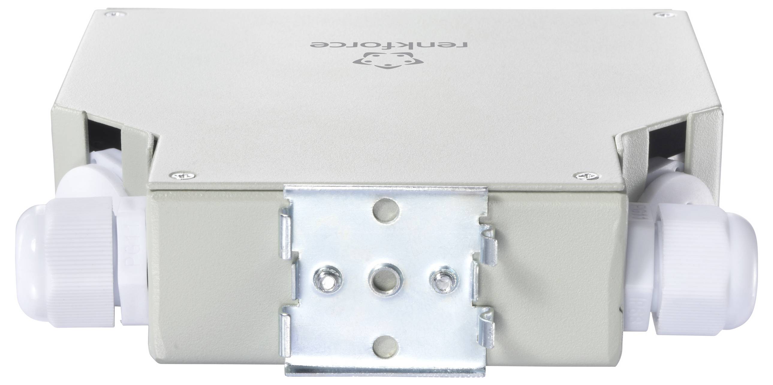 Metallic electrical junction box with side cable connectors and a mounting bracket on the front.