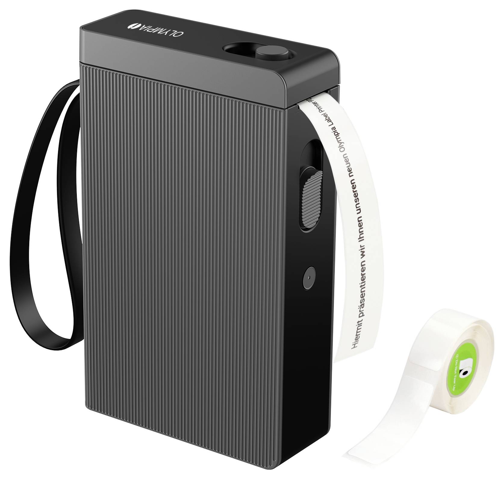 A black, rectangular, portable printer with a handle, printing a strip of white tape.