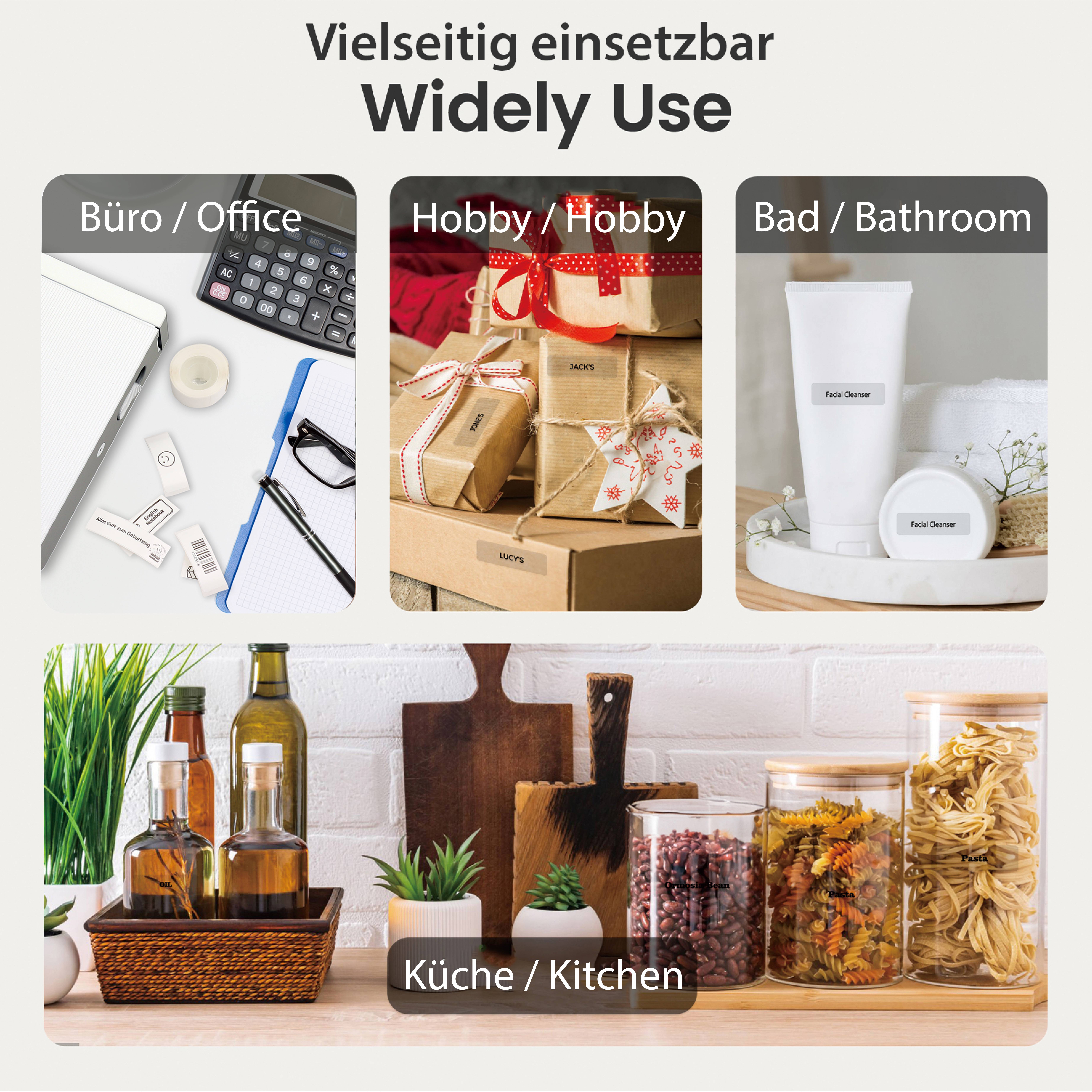 'Widely Use' image showcases organization ideas: office supplies, hobby gifts, bathroom toiletries, and kitchen storage.
