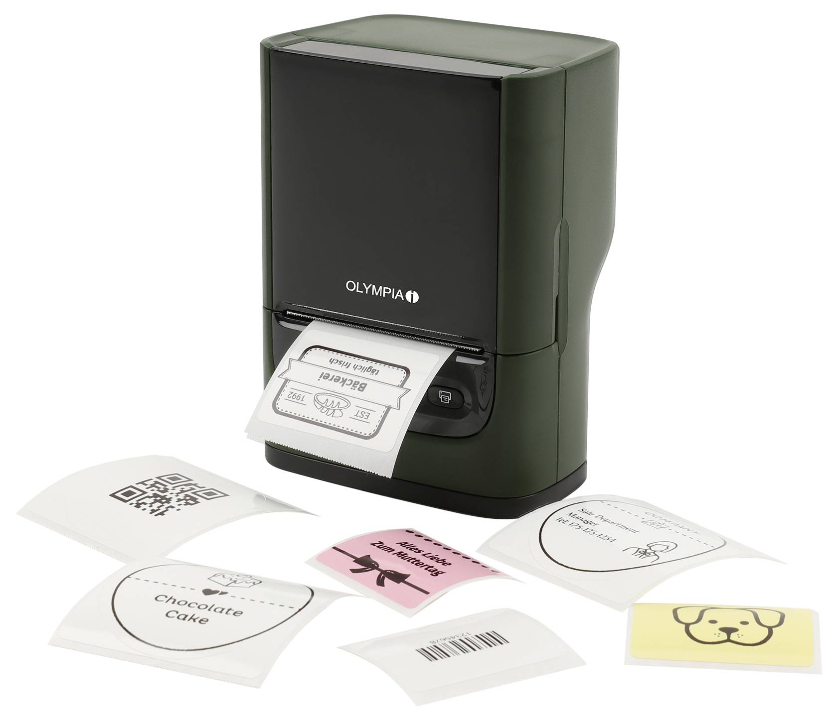 A small black label printer with various printed labels scattered around it, including QR codes, decorative patterns, and text labels.