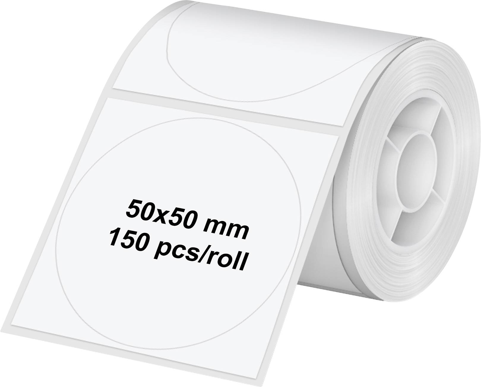 A roll of white circular labels. One label reads '50x50 mm, 150 pcs/roll'.