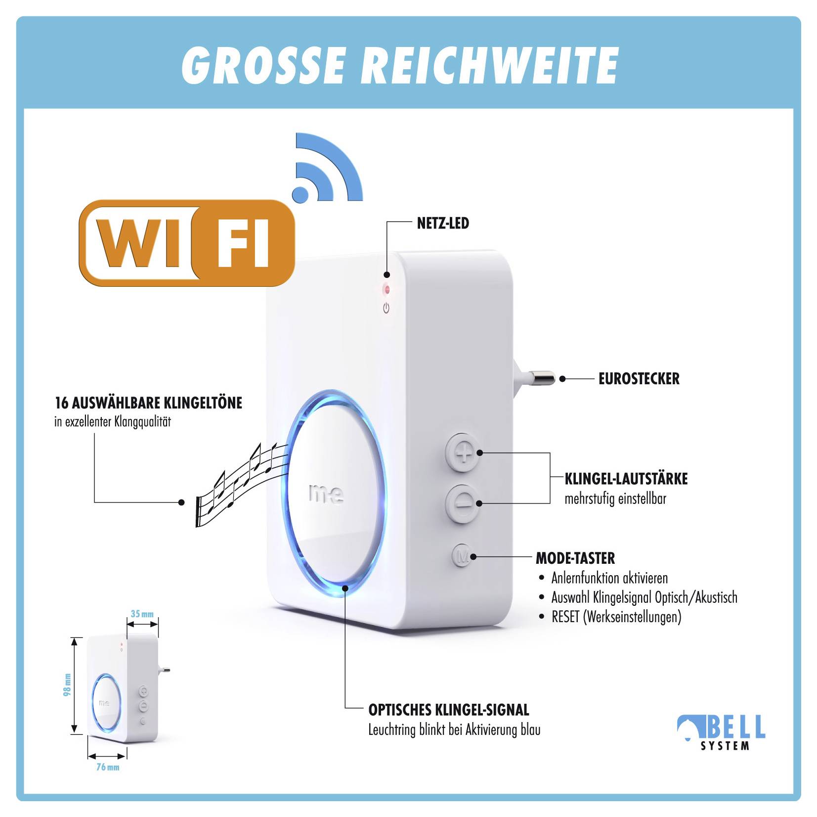 Wireless doorbell with 'WiFi' capability featuring 16 chime options, volume control, mode button, and optical signal.