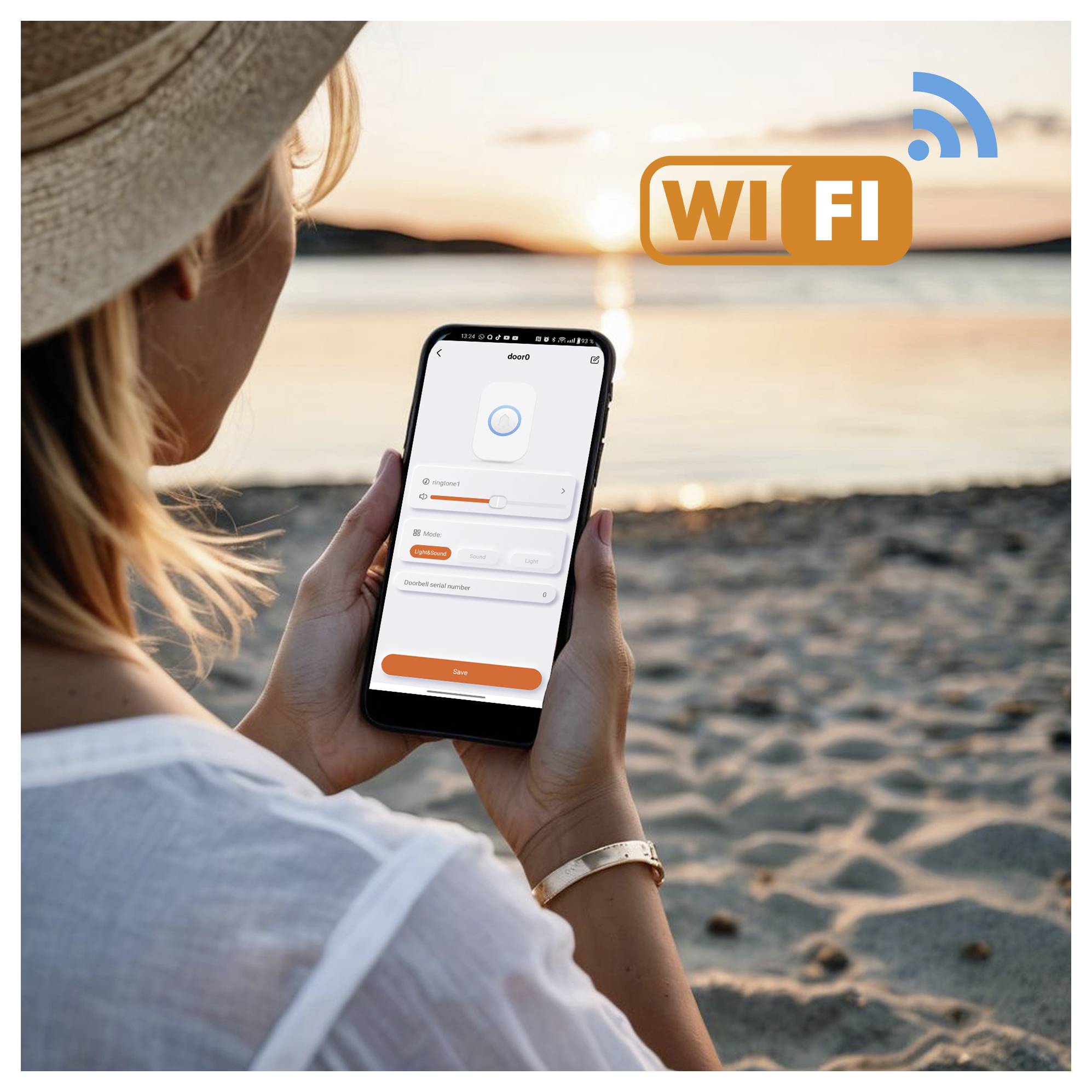 A person uses a smartphone app to manage a Wi-Fi connection at the beach during sunset. There's a Wi-Fi symbol and a 'WI FI' sign.