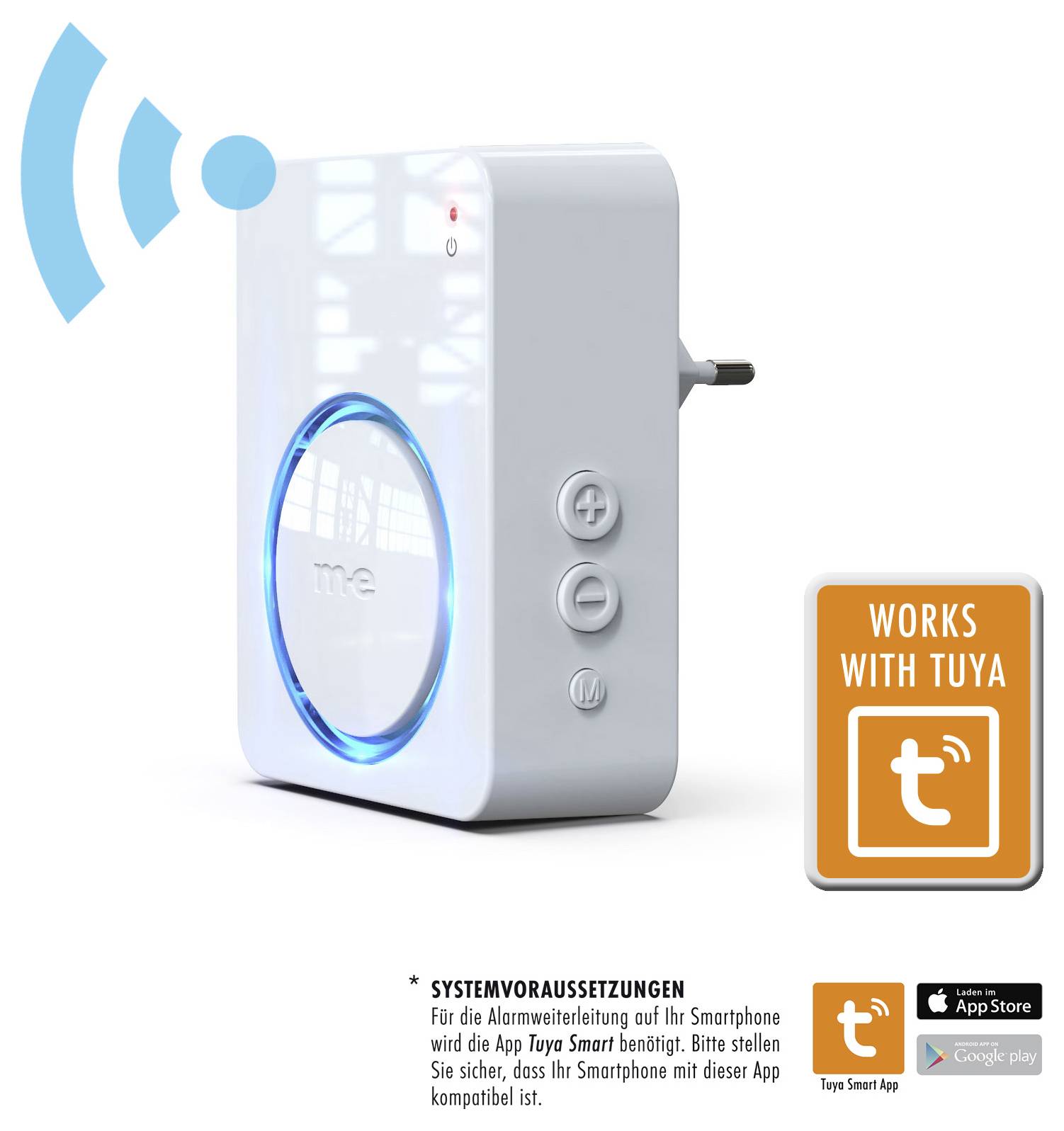 A smart alarm device with a circular LED light, buttons, and 'Works with Tuya' symbol, indicating compatibility with the Tuya Smart app.