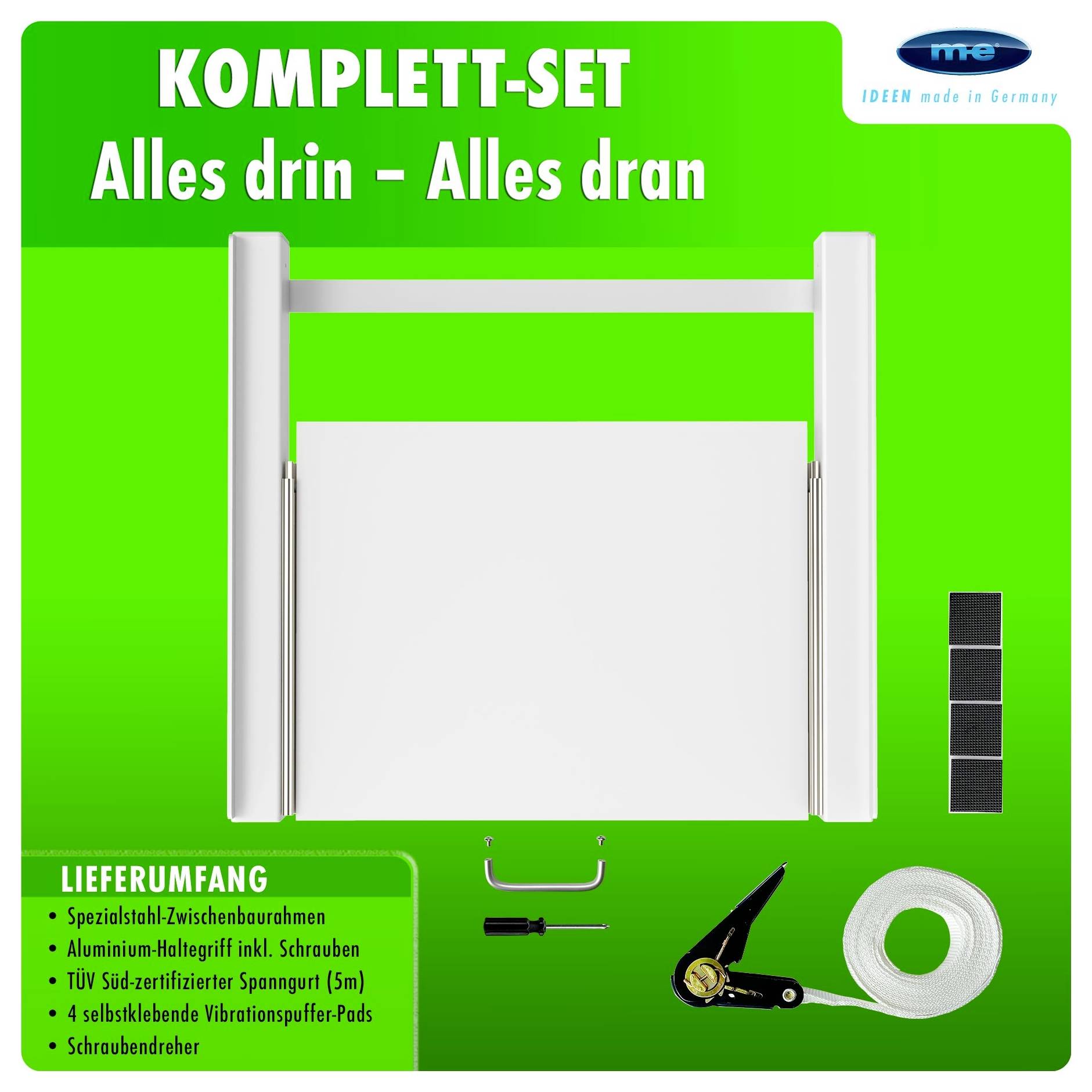 'KOMPLETT-SET Alles drin - Alles dran', displayed with white rectangular frame and various included components on a green background.