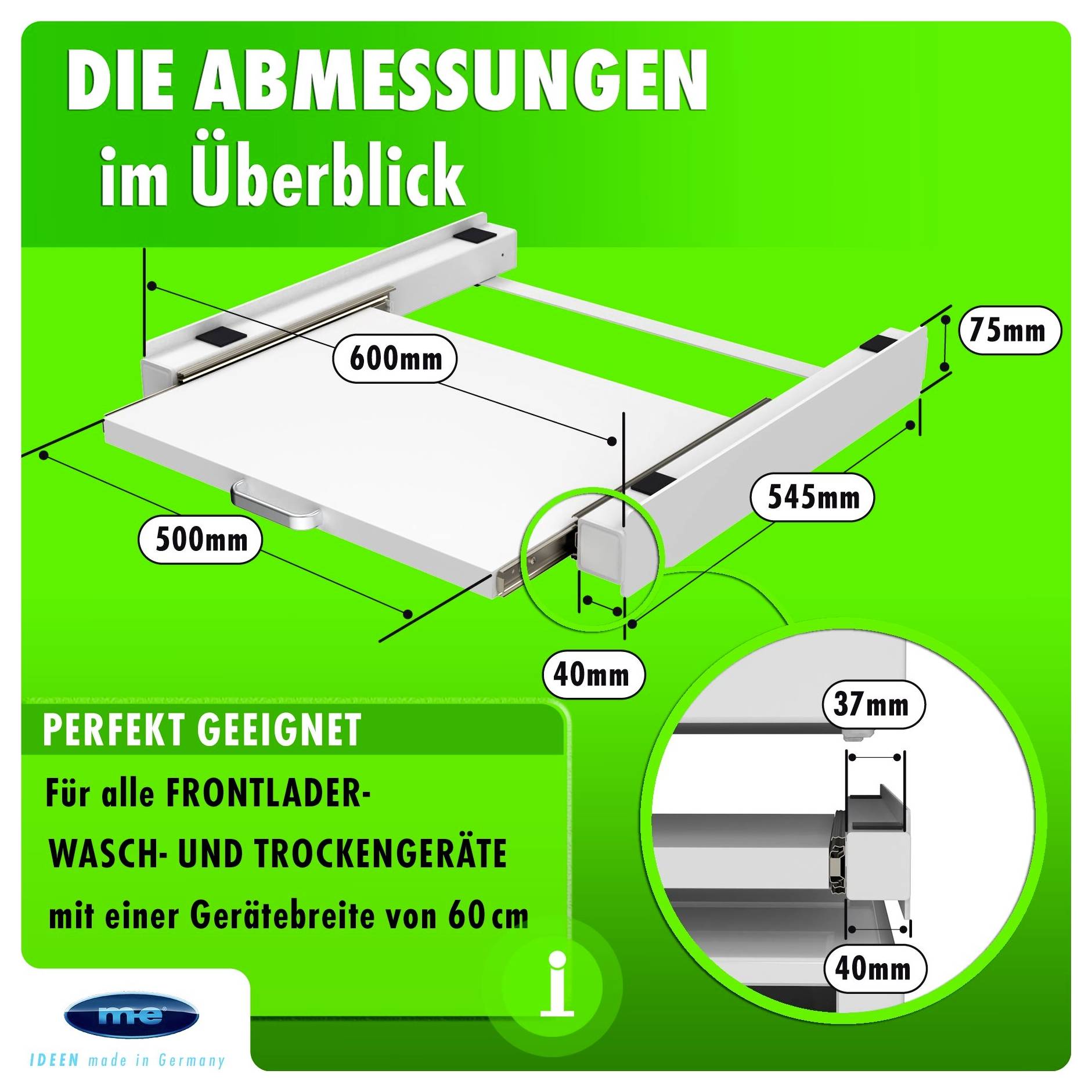 'Die Abmessungen im Überblick' shows a diagram of a laundry appliance drawer with measurements: 75mm height, 545mm width, and 500mm depth.