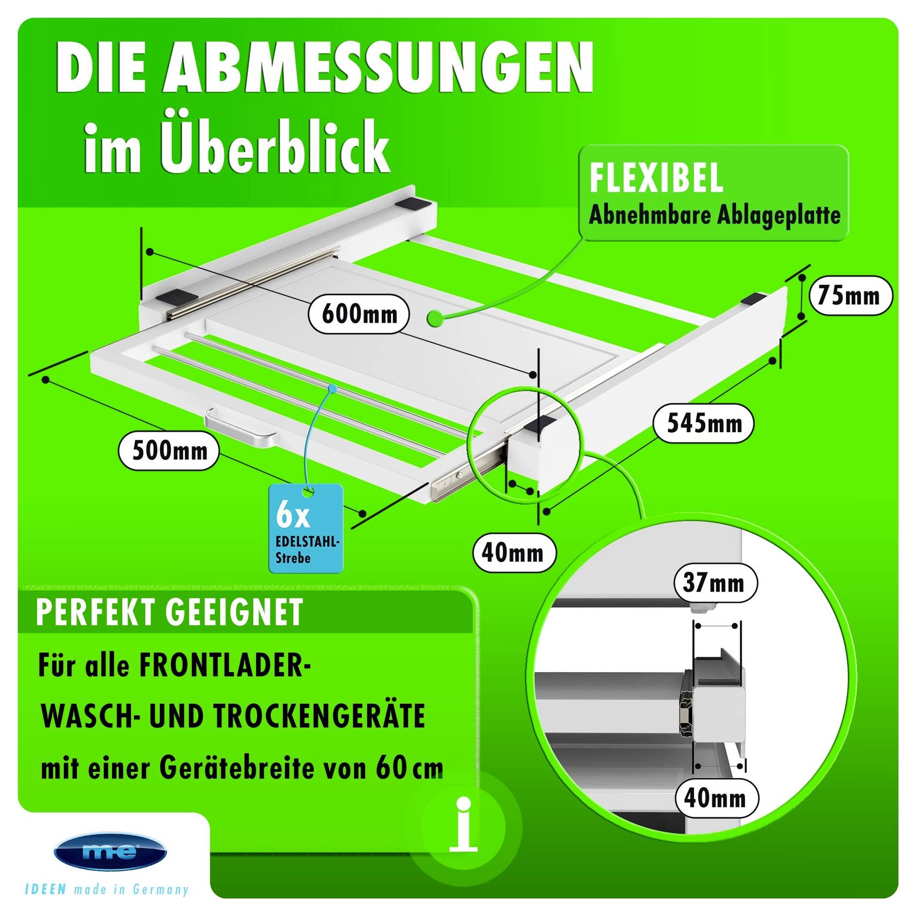 Image showing dimensions and features of a flexible shelf with removable plate. Includes measurements: 500mm, 545mm, 40mm, 75mm. Suitable for 60cm front-loading washing and drying machines.