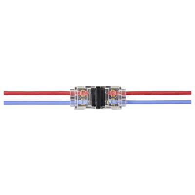 A splicing connector joining a red wire to a blue wire through clear plastic housing, showing metal connections inside.