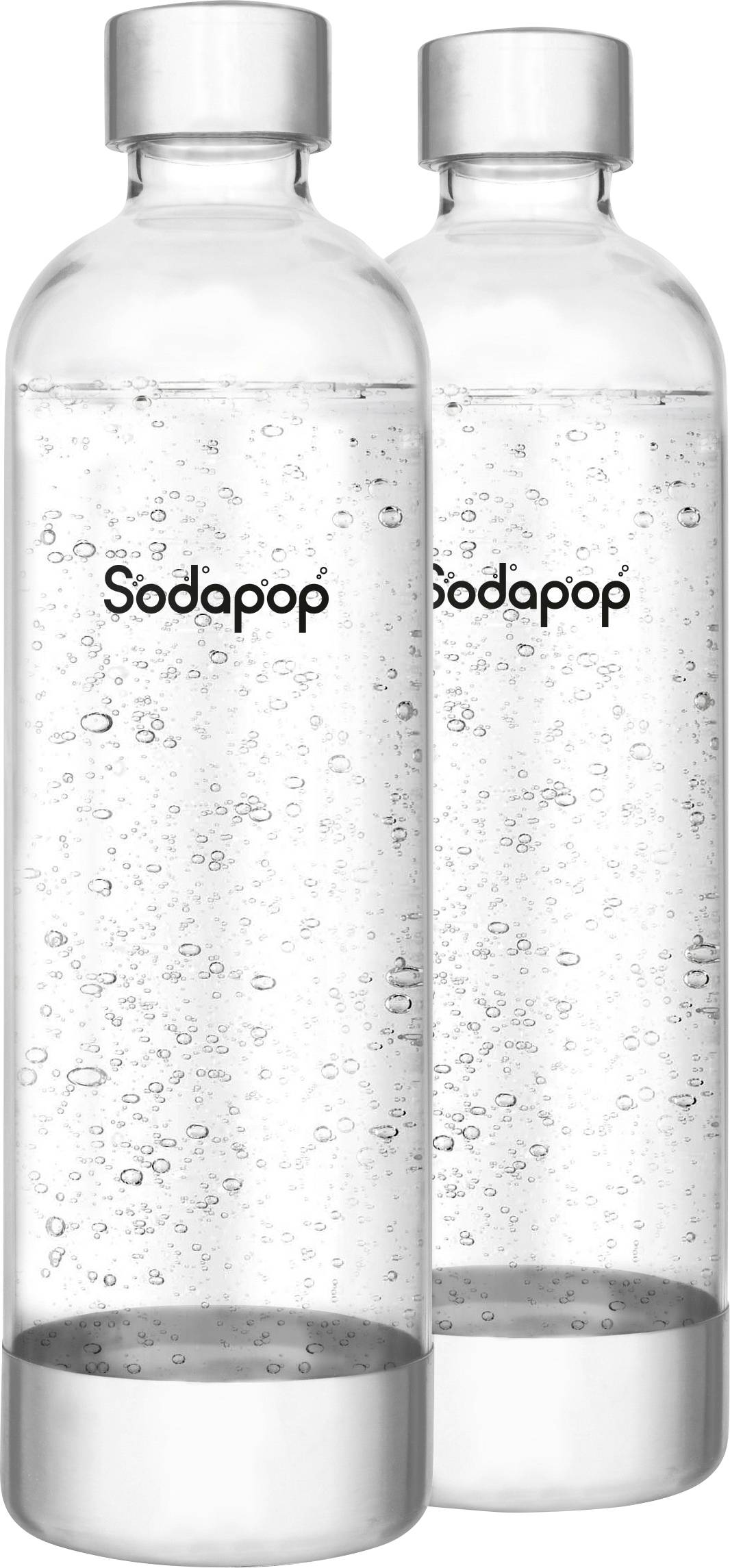 'Two transparent plastic bottles of sparkling water labeled Sodapop, each with a silver cap and base, featuring visible bubbles inside.'