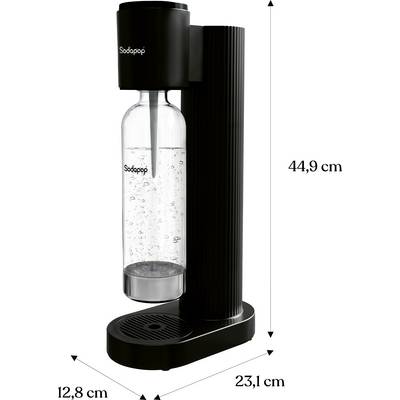 'Sodapop' black soda maker with dimensions: height 44.9 cm, depth 23.1 cm, width 12.8 cm. Bottle filled with carbonated water.
