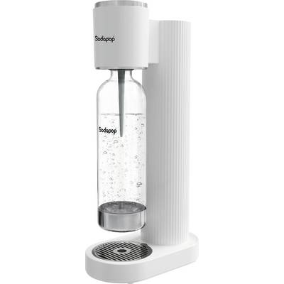 A white soda maker machine labeled 'Sodapop', with a clear bottle filled with carbonated water, placed in the holder.