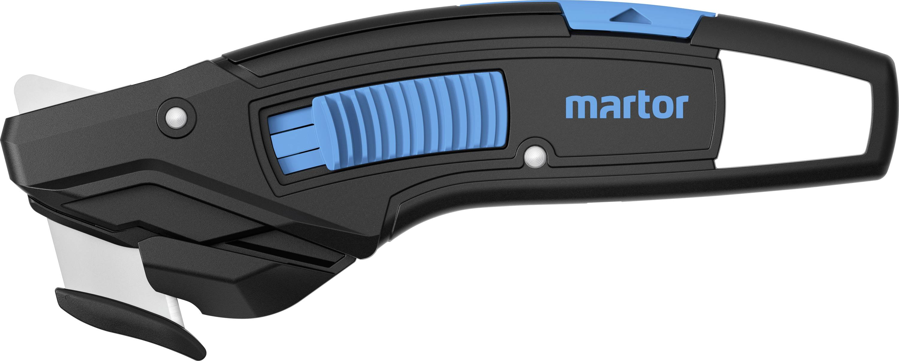 A black and blue safety cutter with retractable blade, ergonomic grip, and a sleek, pointed design labeled with the brand 'martor'.
