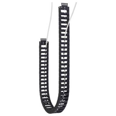 A black cable carrier with white cables inside, designed for supporting flexible cables and hoses, allows movement within mechanical systems.