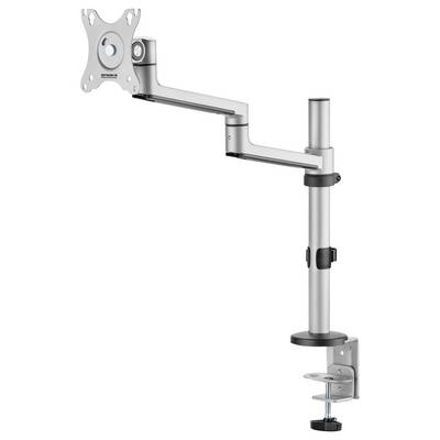Adjustable monitor arm with clamp mount, designed to hold a screen. Features a flexible arm and swivel joints for various positions.