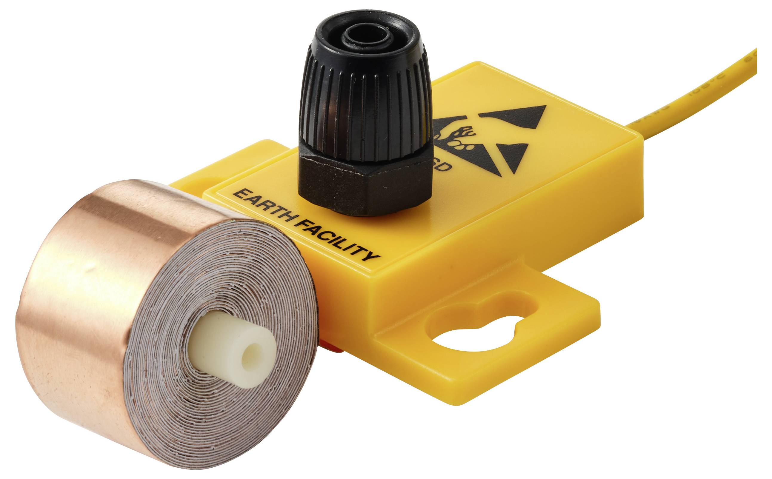 A yellow grounding device with a coil of copper wire labeled 'Earth Facility,' featuring a warning symbol and a black cap on top.