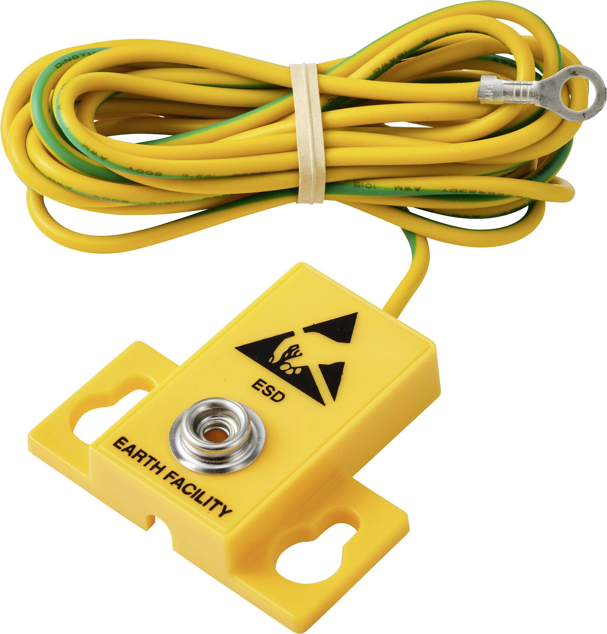 A yellow ESD (Electrostatic Discharge) grounding device labeled 'Earth Facility,' with attached yellow and green wires coiled neatly.