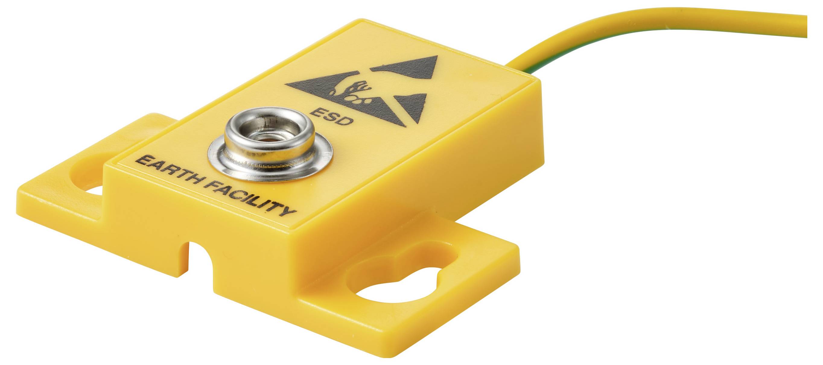 A yellow ESD (Electrostatic Discharge) grounding connector labeled 'Earth Facility,' with black symbols and a metal connection point.