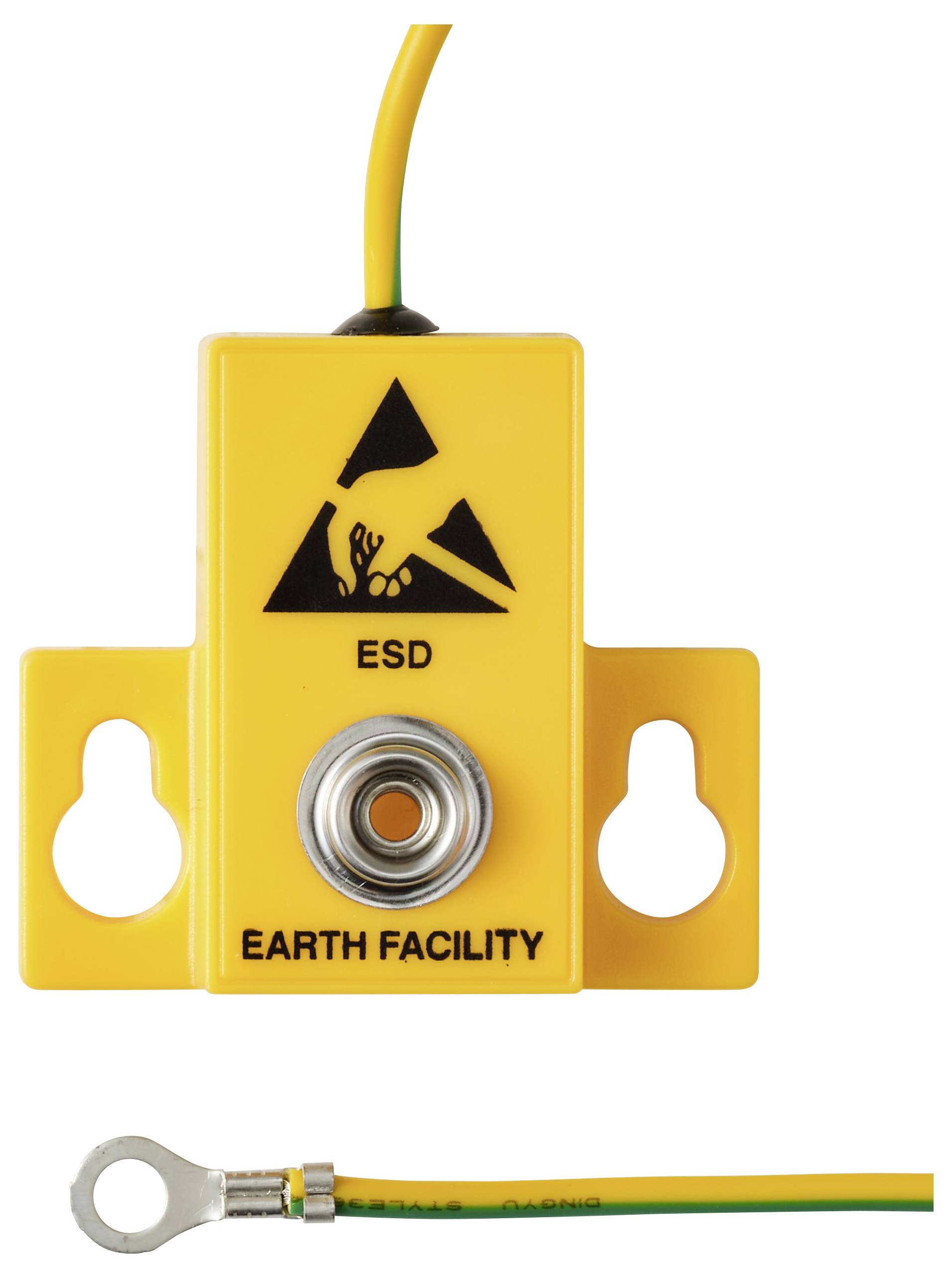 A yellow ESD earth facility connector with a triangular warning symbol, designed for grounding, featuring a mounting hole and attached wire.