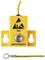 A yellow ESD earth facility connector with a triangular warning symbol, designed for grounding, featuring a mounting hole and attached wire.