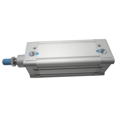 'Industrial pneumatic cylinder with a silver body, blue cap, and mounting points, used in machinery for linear motion applications.'