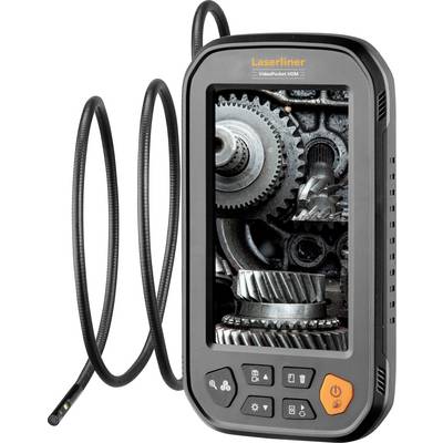A handheld inspection camera with a display showing internal gears in detail. The device is labeled 'Laserliner VideoPocket HDM'.