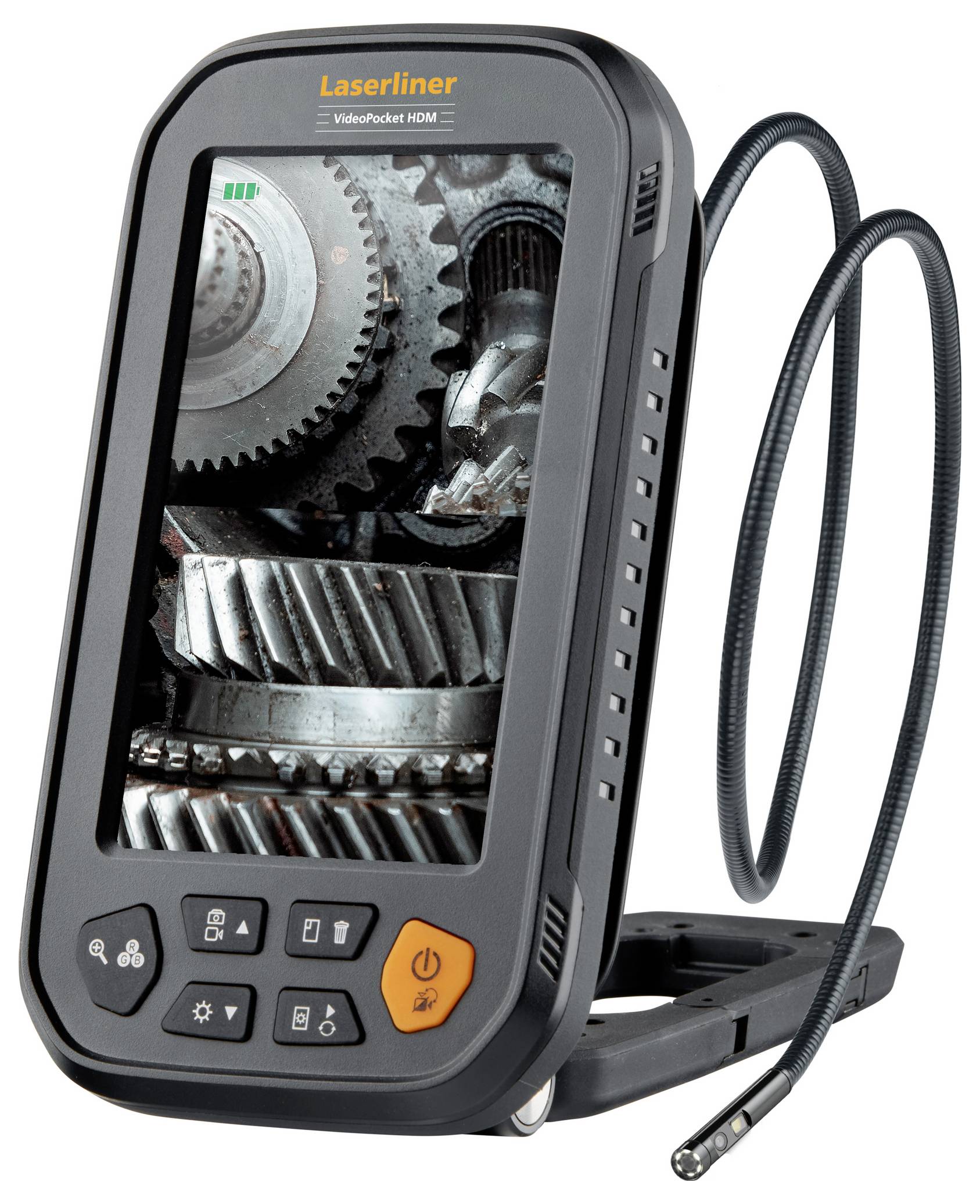 Portable inspection camera displaying gears on its screen, with control buttons and a flexible probe for inspection purposes.