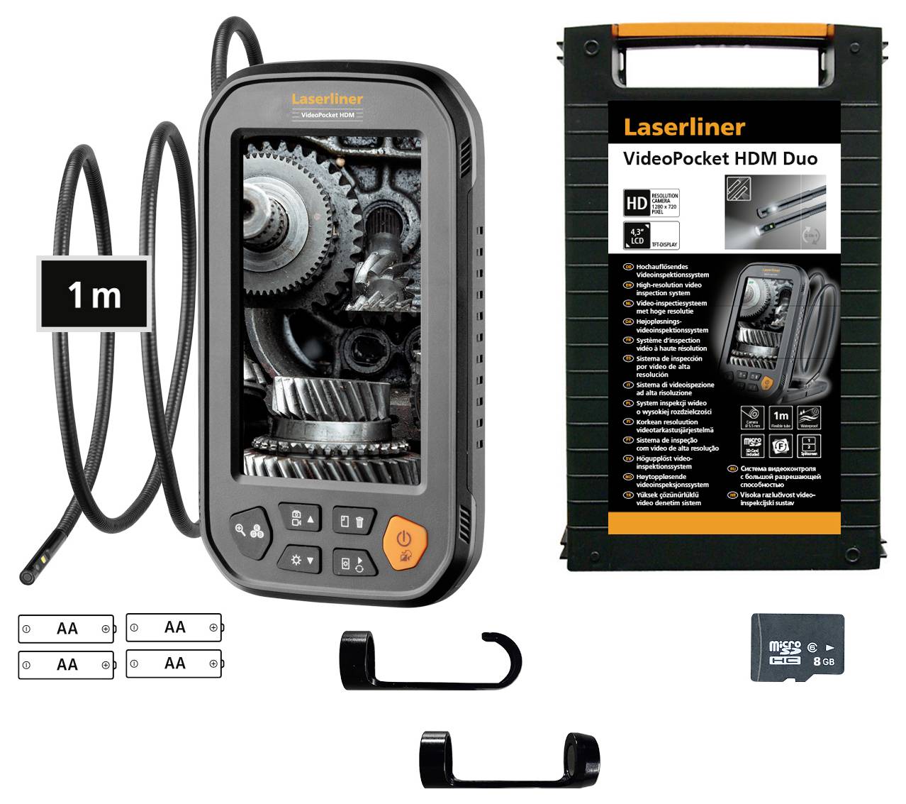 'Laserliner VideoPocket HDM Duo' device with a screen showing mechanical gears, a 1m flexible probe, AA batteries, hooks, and an 8GB microSD card.