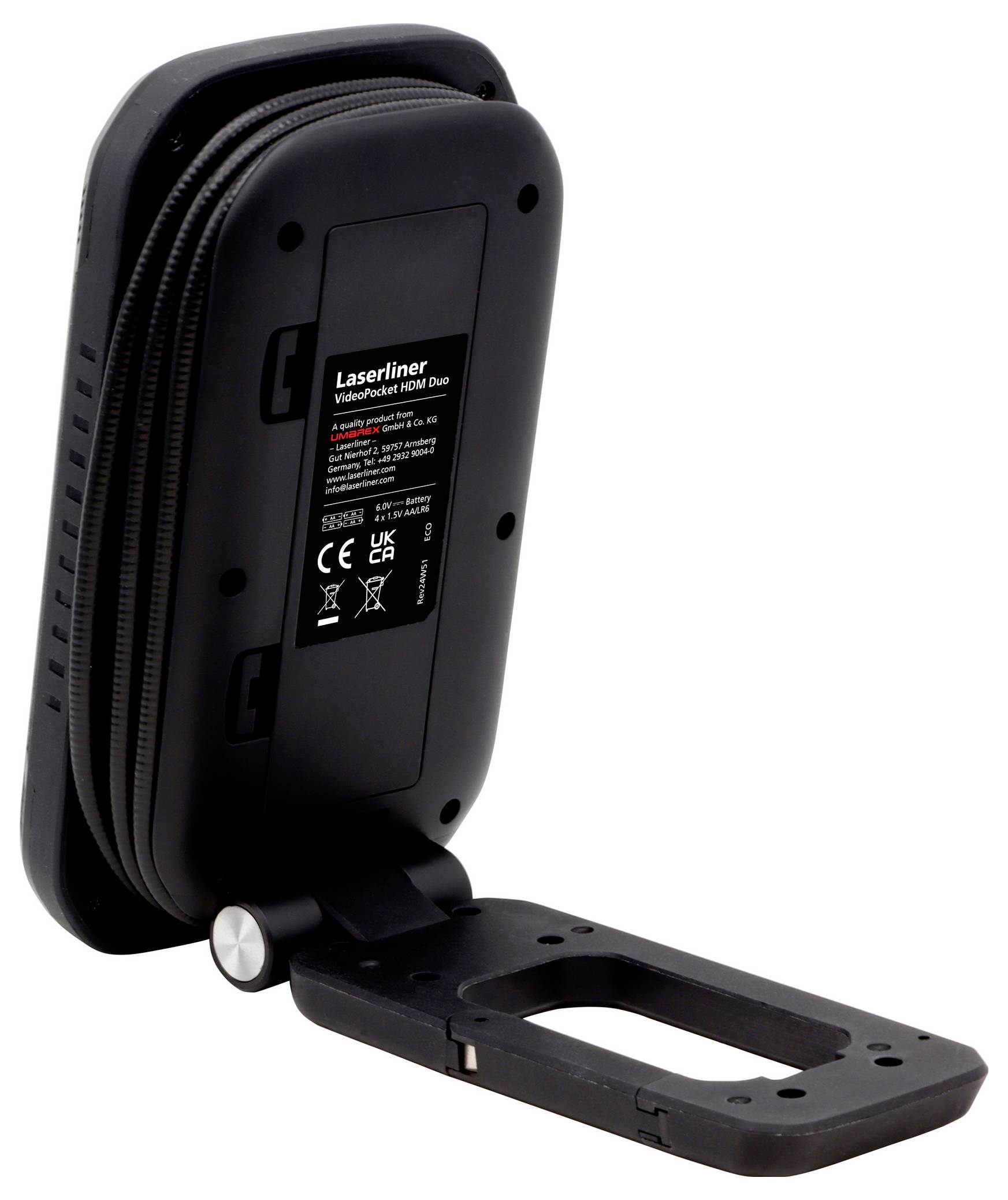 A black electronic device with a stand, labeled 'Laserliner VideoFlex' on the back, possibly used for video inspection or surveillance.