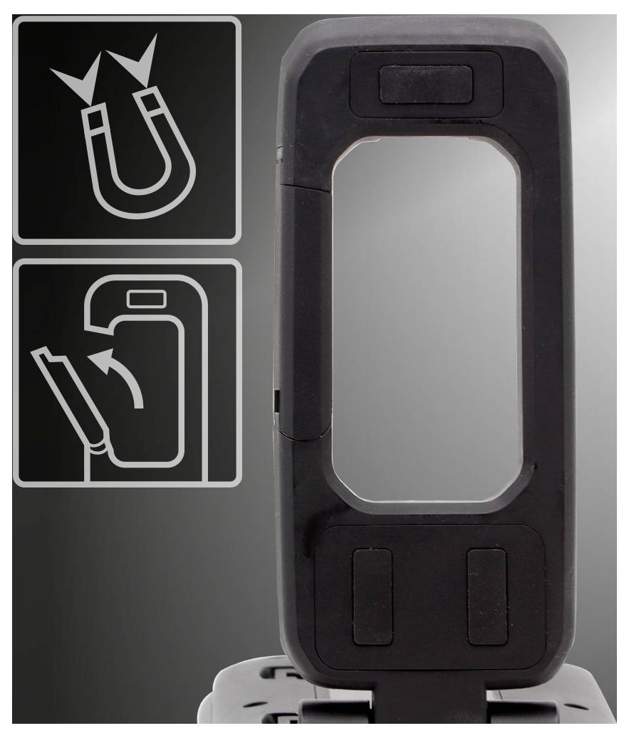 A black, rectangular case with a slot, next to icons showing magnetic attachment and hinge functionality for adjustable positioning.