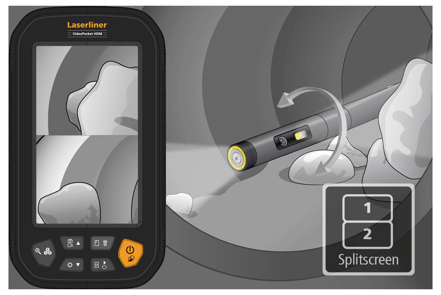 'Illustration of a Laserliner inspection device showing a split screen view inside a pipe, with an arrow indicating camera rotation.'