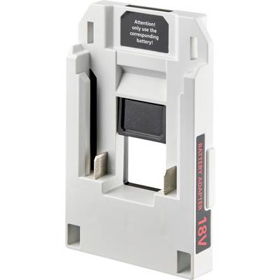 'Battery adapter 18V' text on a white device with a caution: 'Attention! only use the corresponding battery!'