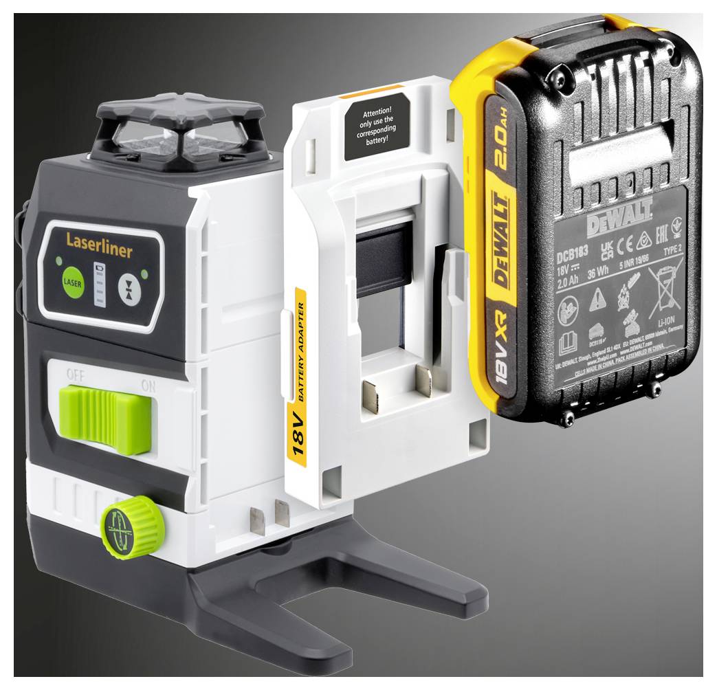 'Laserliner' laser level and 'DeWalt' battery shown side by side, highlighting compatibility with 18V batteries for extended use.