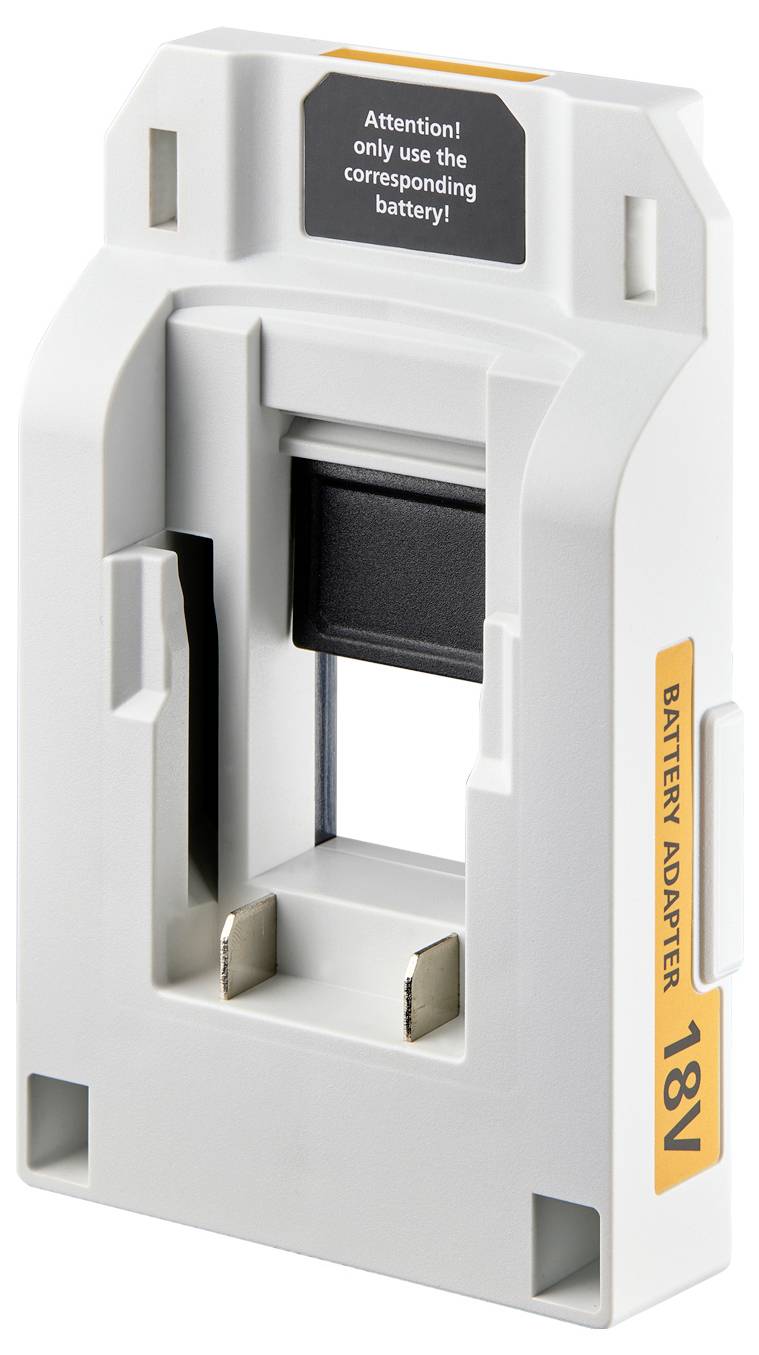 'Battery adapter with slots for an 18V battery and a caution note: Use only the corresponding battery.'