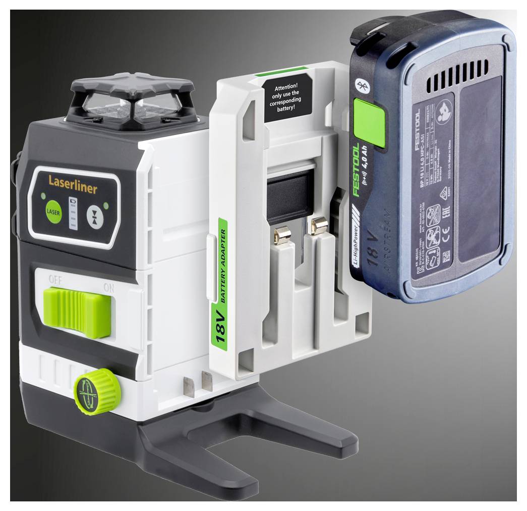 'A laser level tool with a battery attached, featuring various controls and indicators for alignment and leveling tasks.'