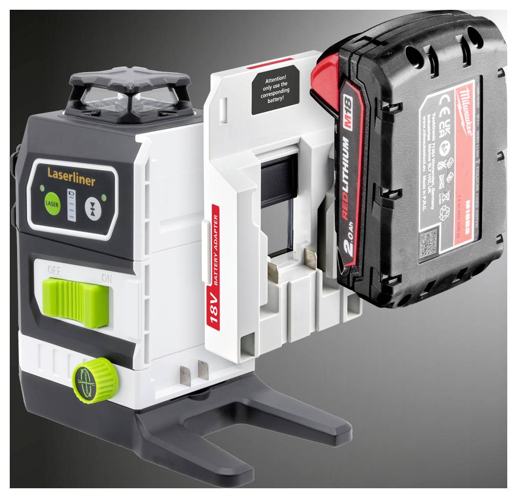 Laser level tool with interchangeable 18V battery, featuring green on/off knob and digital display.