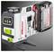 Laser level tool with interchangeable 18V battery, featuring green on/off knob and digital display.