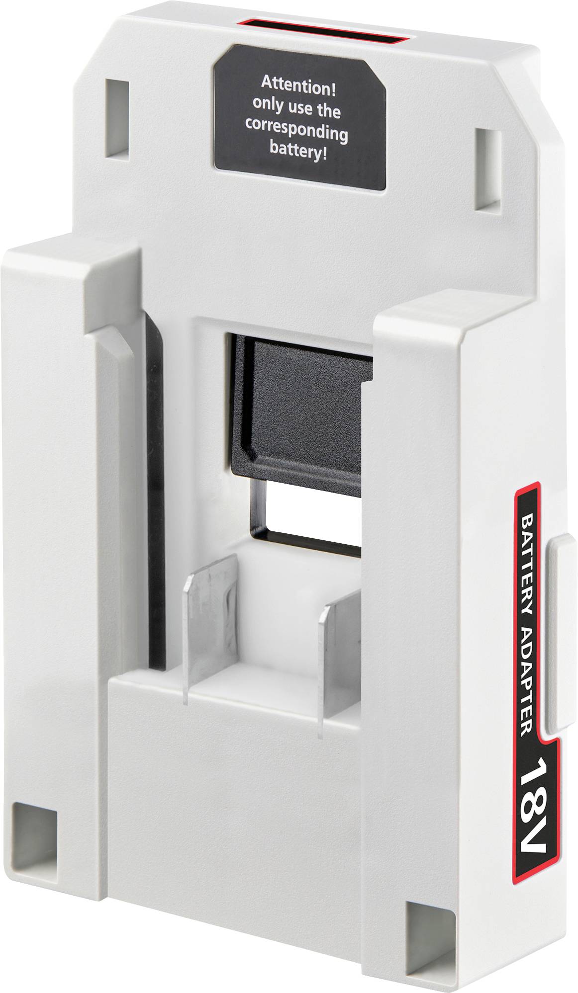 'Battery Adapter 18V' with a warning label stating 'Attention! only use the corresponding battery.' Designed for specific battery compatibility.