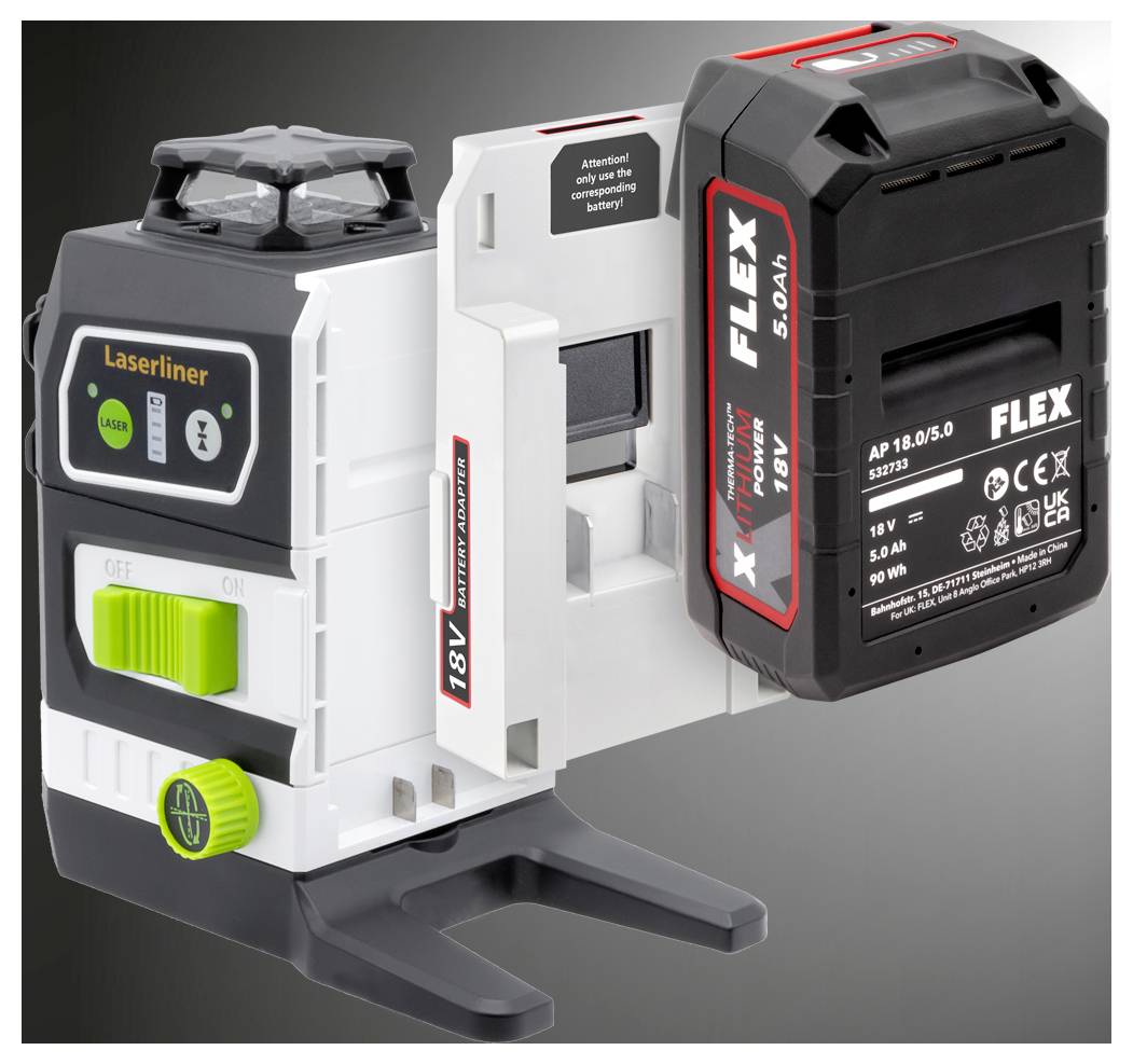 'Laserliner' device with a FLEX battery and adjustable settings, designed for precision leveling or measurements.