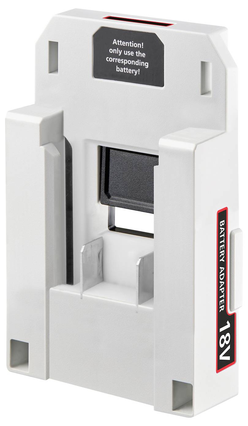 'Battery Adapter 18V' device with a label reading 'Attention! only use the corresponding battery!' in a compact, rectangular design.