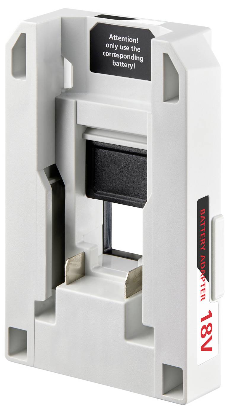 '18V battery adapter with caution label: Attention! only use the corresponding battery.' Featuring slots for battery connection.