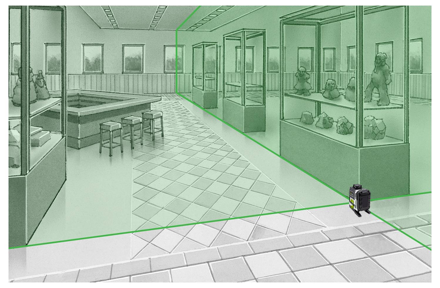 A museum exhibit room with display cases, sculptures, and a laser sensor at the entrance indicating a security system in place.