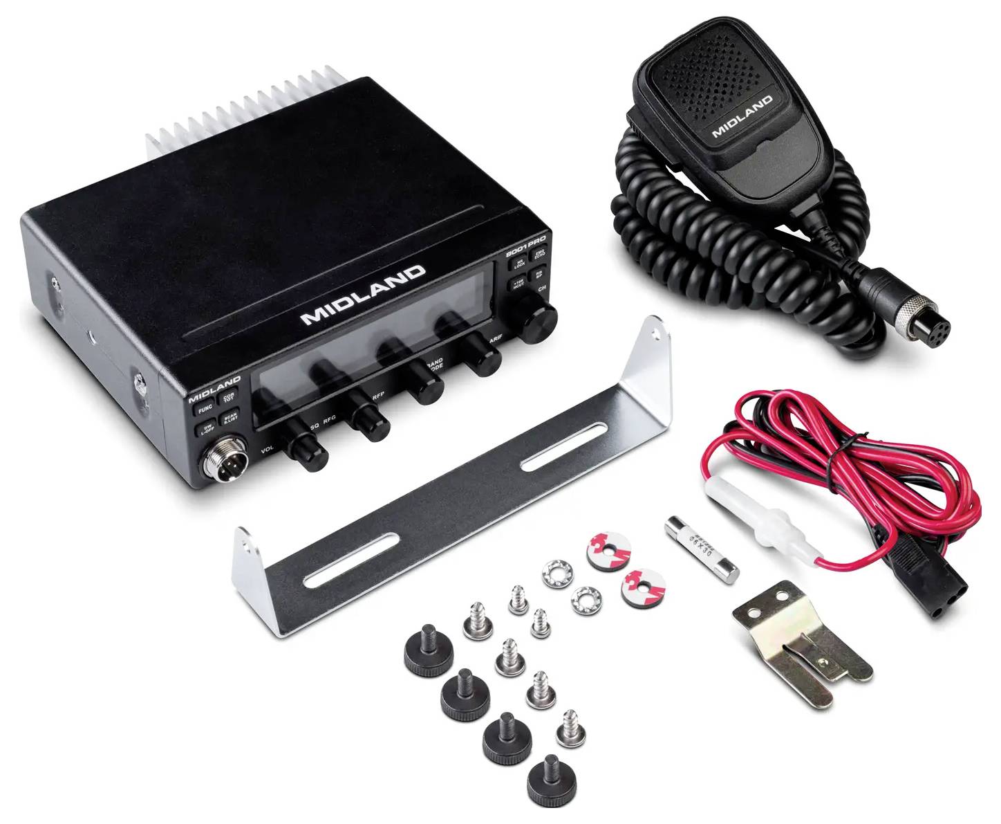 Midland CB radio kit with radio unit, microphone, mounting brackets, wiring, screws, and accessories for installation.