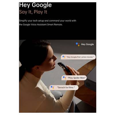 A person uses voice commands with the Google Voice Assistant Smart Remote, saying 'Hey Google, find action movies,' 'Play Spider Man,' and 'Search for films.'