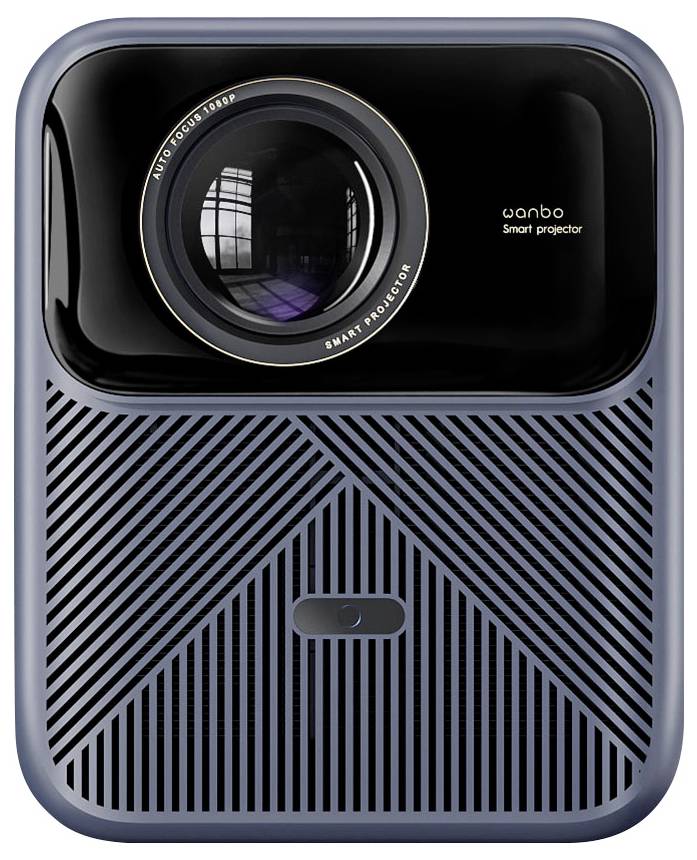 A compact, modern smart projector with a sleek design featuring a large lens and geometric patterns on the front.