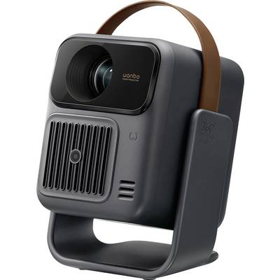 Portable Wanbo projector with lens, front vent grille, and brown carrying handle on a stand.<br>