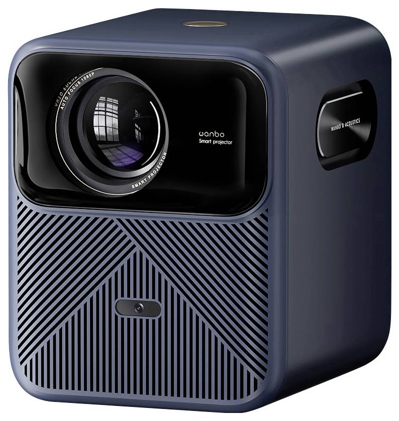 A compact, modern smart projector with a lens and sleek design, featuring visible branding and a textured speaker grill on the front.