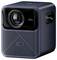 A compact, modern smart projector with a lens and sleek design, featuring visible branding and a textured speaker grill on the front.