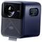 A sleek, compact Wanbo smart projector with a circular lens design, featuring a label 'WANBO & ACOUSTICS' on the side.