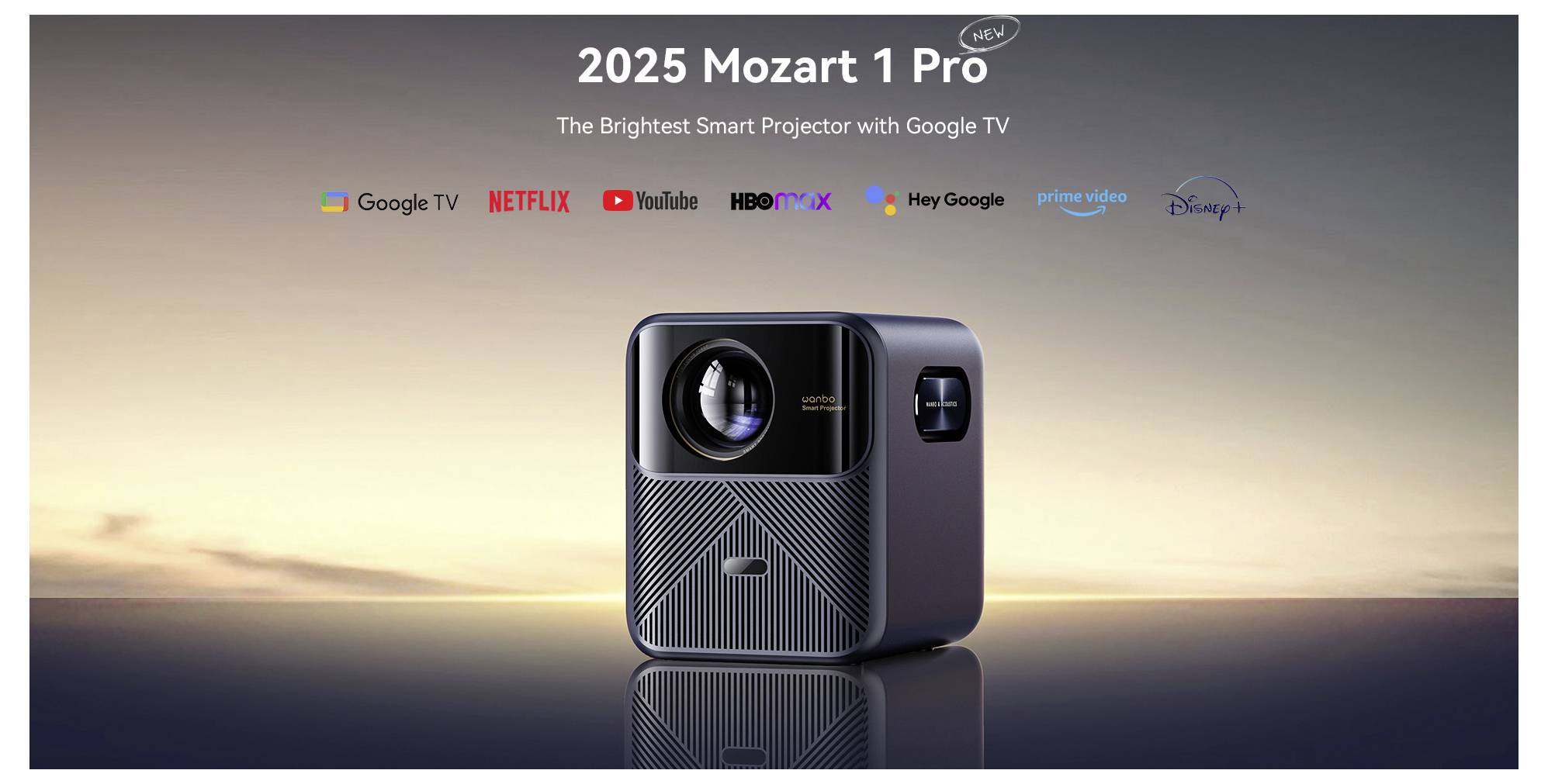 'A modern projector labeled 2025 Mozart 1 Pro, featuring smart capabilities with Google TV and streaming services logos like Netflix and Disney+.'
