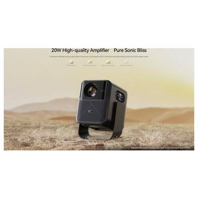 Promotional image of a compact black portable projector in a desert setting, labeled '20W High-quality Amplifier' and 'Pure Sonic Bliss'.